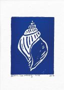 Blue linocut of a sea shell. The sea shell is white and around it is blue like the ocean.