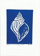 Blue linocut of a sea shell. The sea shell is white and around it is blue like the ocean.