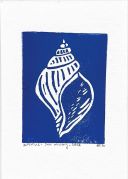 Blue linocut of a sea shell. The sea shell is white and around it is blue like the ocean.