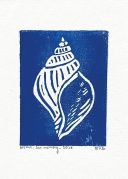 Blue linocut of a sea shell. The sea shell is white and around it is blue like the ocean.