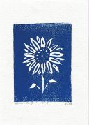 A blue linocut of a sunflower. The sunflower is white and all around it is blue.