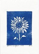 A blue linocut of a sunflower. The sunflower is white and all around it is blue.