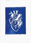 A blue linocut of heart within a heart. The heart is white, and all around is blue.
