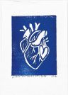 A blue linocut of heart within a heart. The heart is white, and all around is blue.