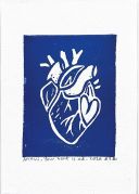A blue linocut of heart within a heart. The heart is white, and all around is blue.