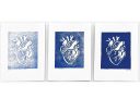 A triptyque of blue linocuts of heart within a heart. The heart is white, and all around is blue.